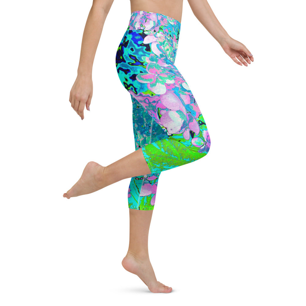 Capri Yoga Leggings, Elegant Pink and Blue Limelight Hydrangea