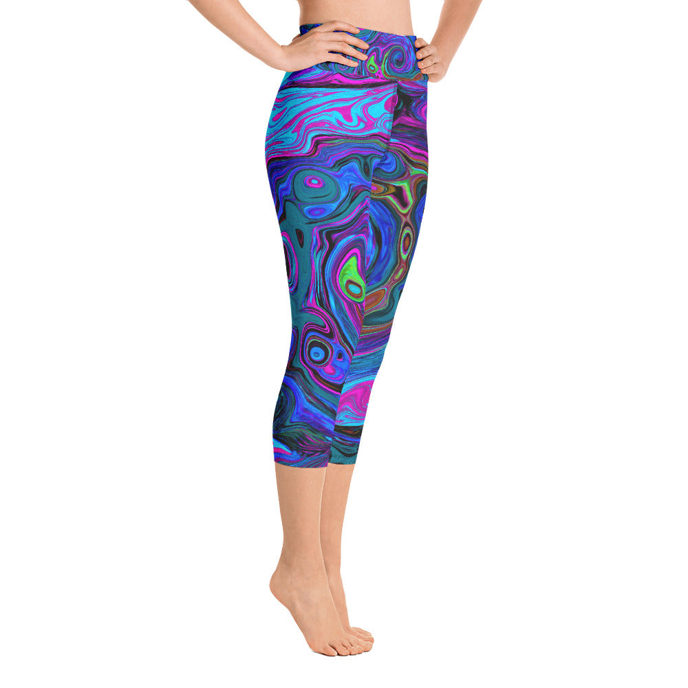 Capri Yoga Leggings, Groovy Abstract Retro Blue and Purple Swirl