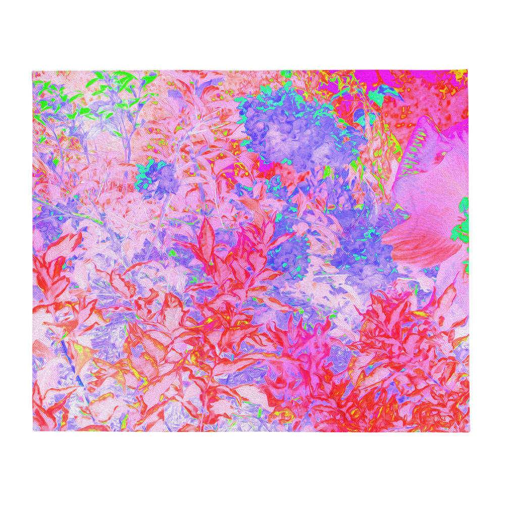 Throw Blanket, Pastel Pink and Red with a Blue Hydrangea Landscape
