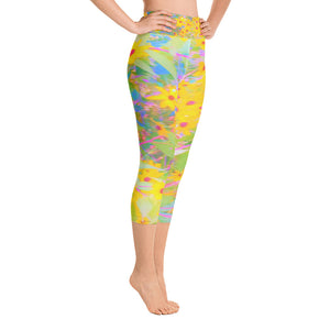 Capri Yoga Leggings, Pretty Yellow and Red Flowers with Turquoise