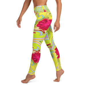 Yoga Leggings, Painted Red Rose on Yellow and Blue Abstract