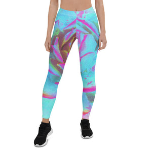 Leggings for Women, Hot Pink and Blue Succulent Sedum Rosette