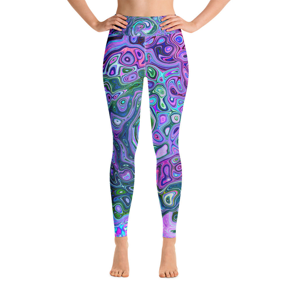 Yoga Leggings for Women, Groovy Abstract Retro Green and Purple Swirl