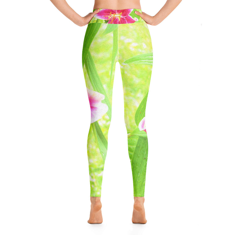 Yoga Leggings for Women, Pretty Deep Pink Stargazer Lily on Lime Green