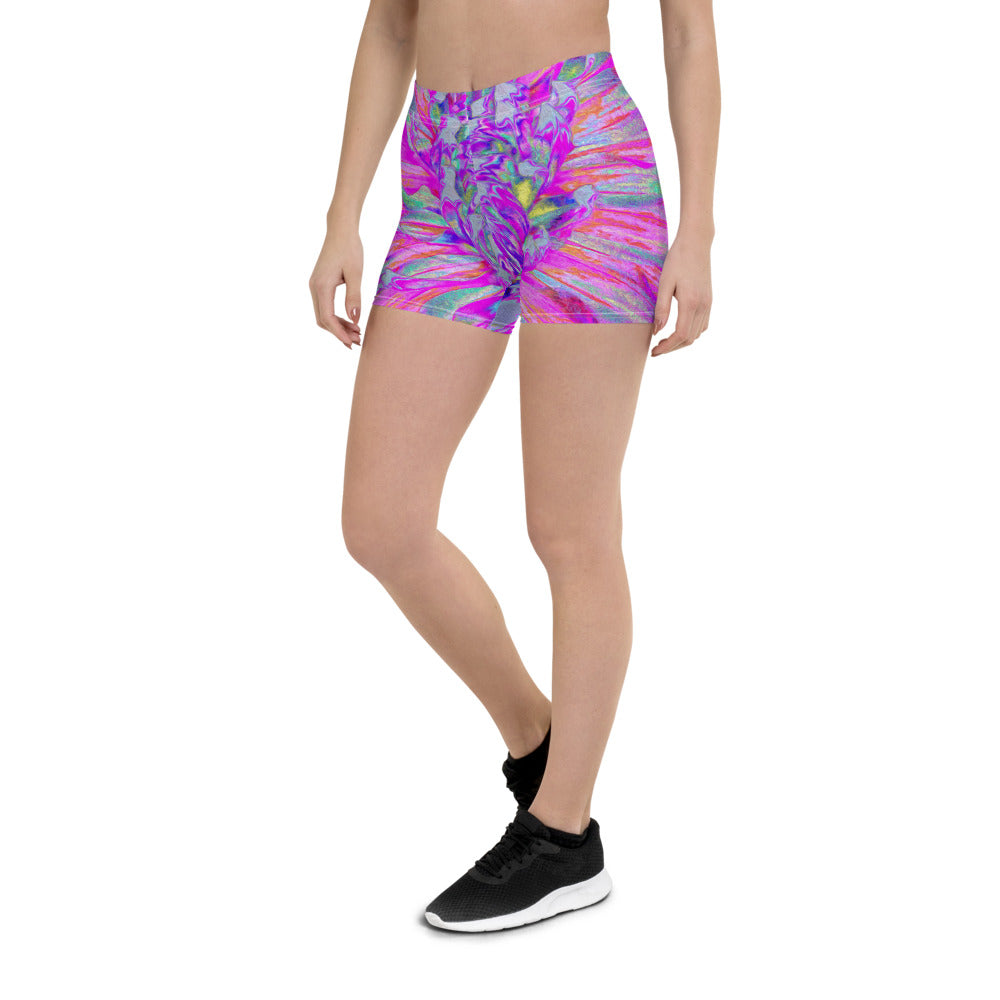 Spandex Shorts, Cool Pink, Blue and Purple Cactus Dahlia Explosion