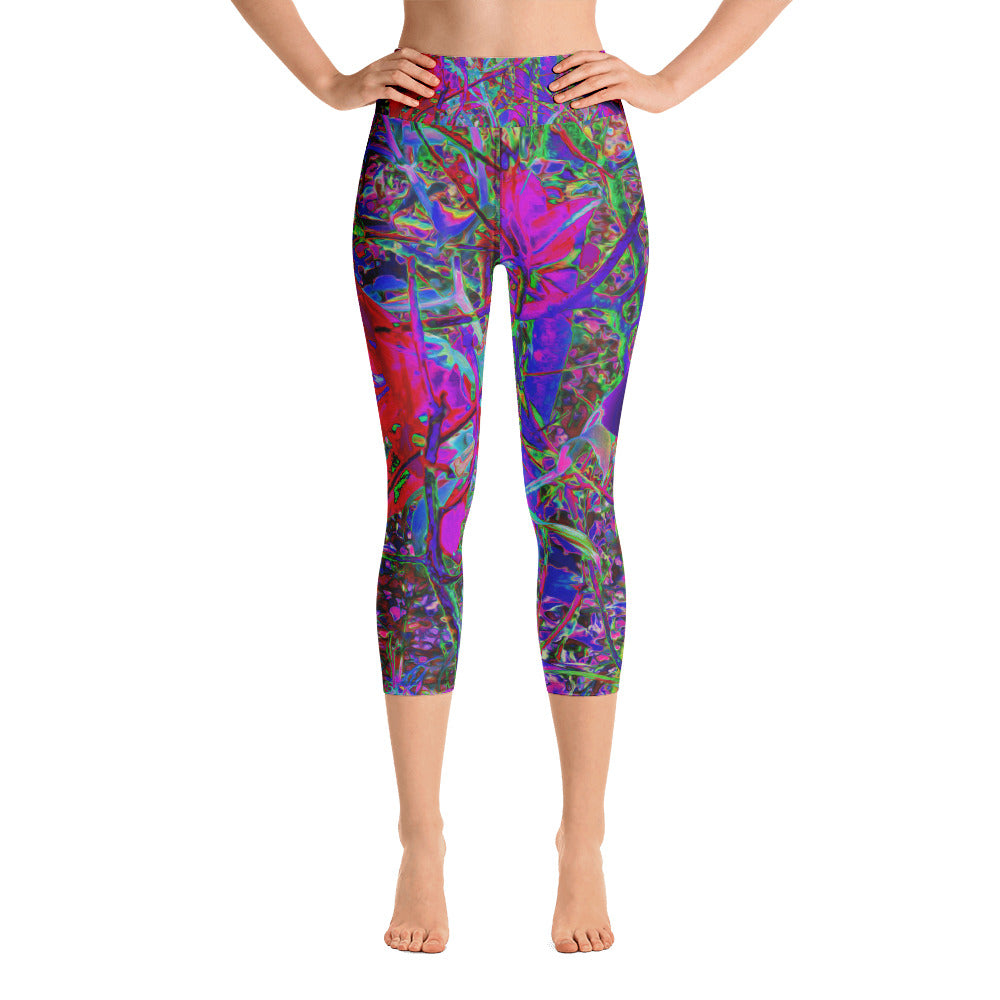 Yoga Capri Leggings, Psychedelic Abstract Rainbow Colors Lily Garden