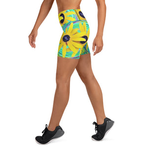Yoga Shorts, Yellow Rudbeckia Flowers on a Turquoise Swirl