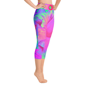 Capri Yoga Leggings, Psychedelic Pink and Red Hibiscus Flower