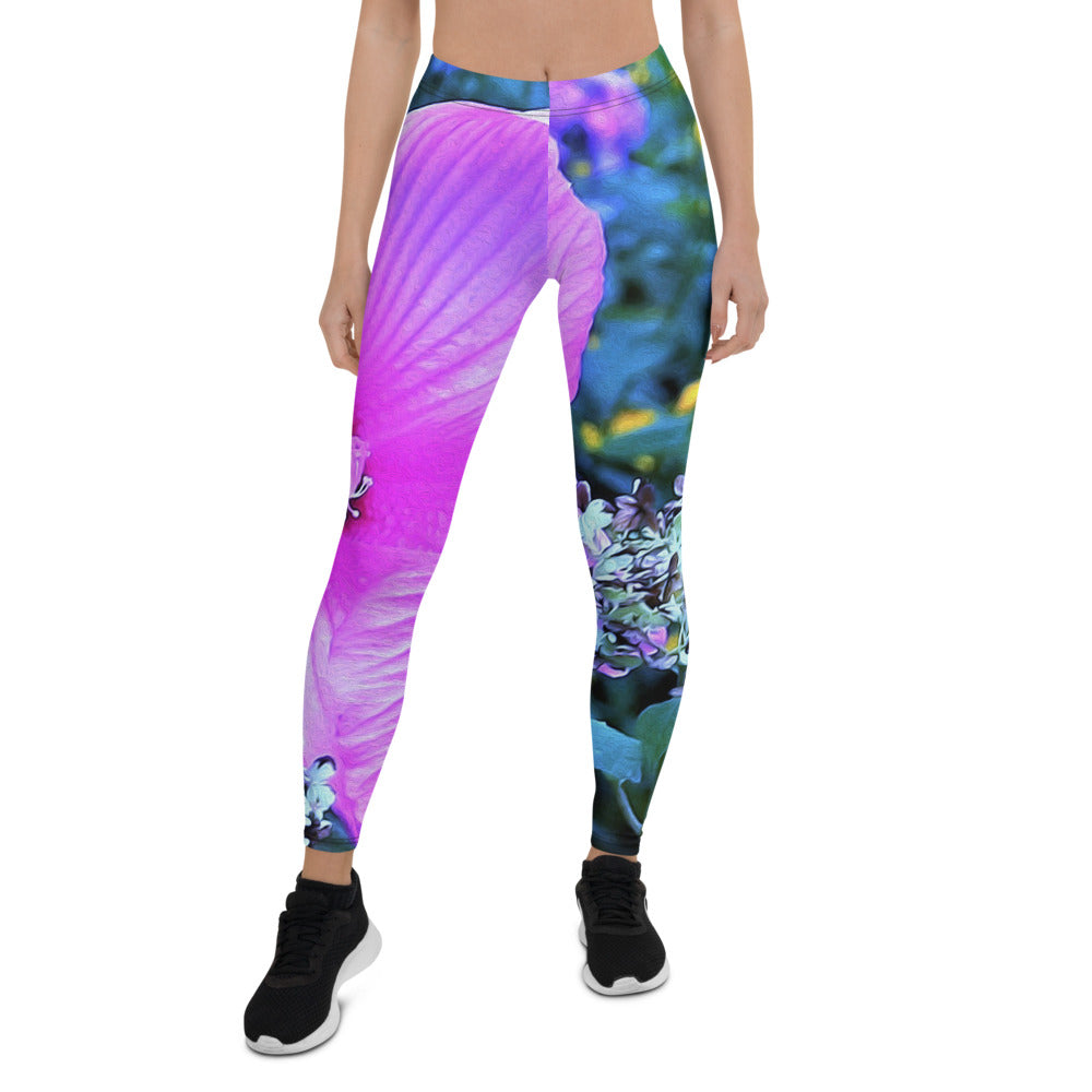 Leggings for Women, Pink Hibiscus with Blue Hydrangea Foliage