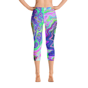 Capri Leggings, Groovy Abstract Aqua and Navy Lava Swirl