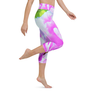 Capri Yoga Leggings, Stunning Double Pink Peony Flower Detail