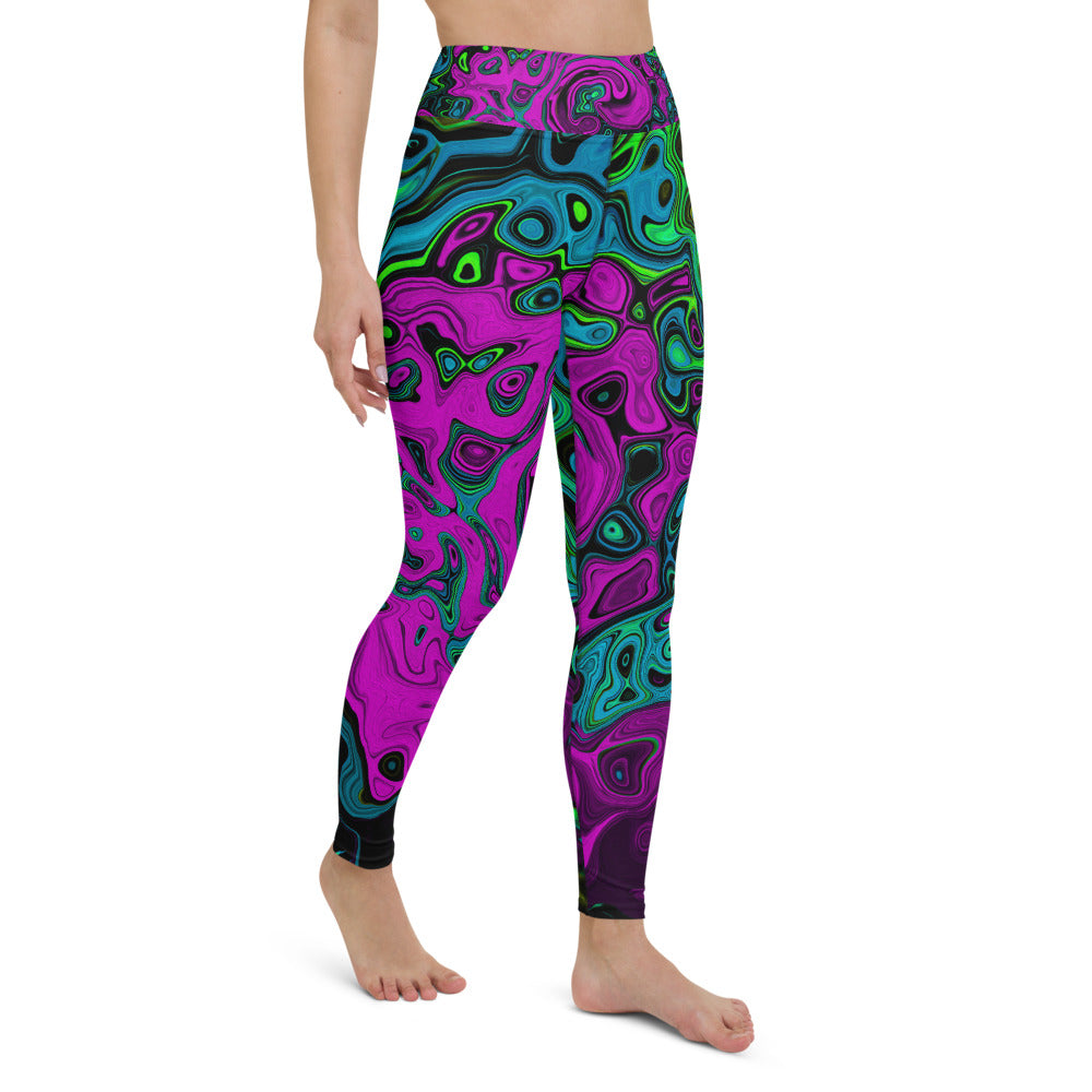 Yoga Leggings, Bold Magenta Abstract Groovy Liquid Art Swirl