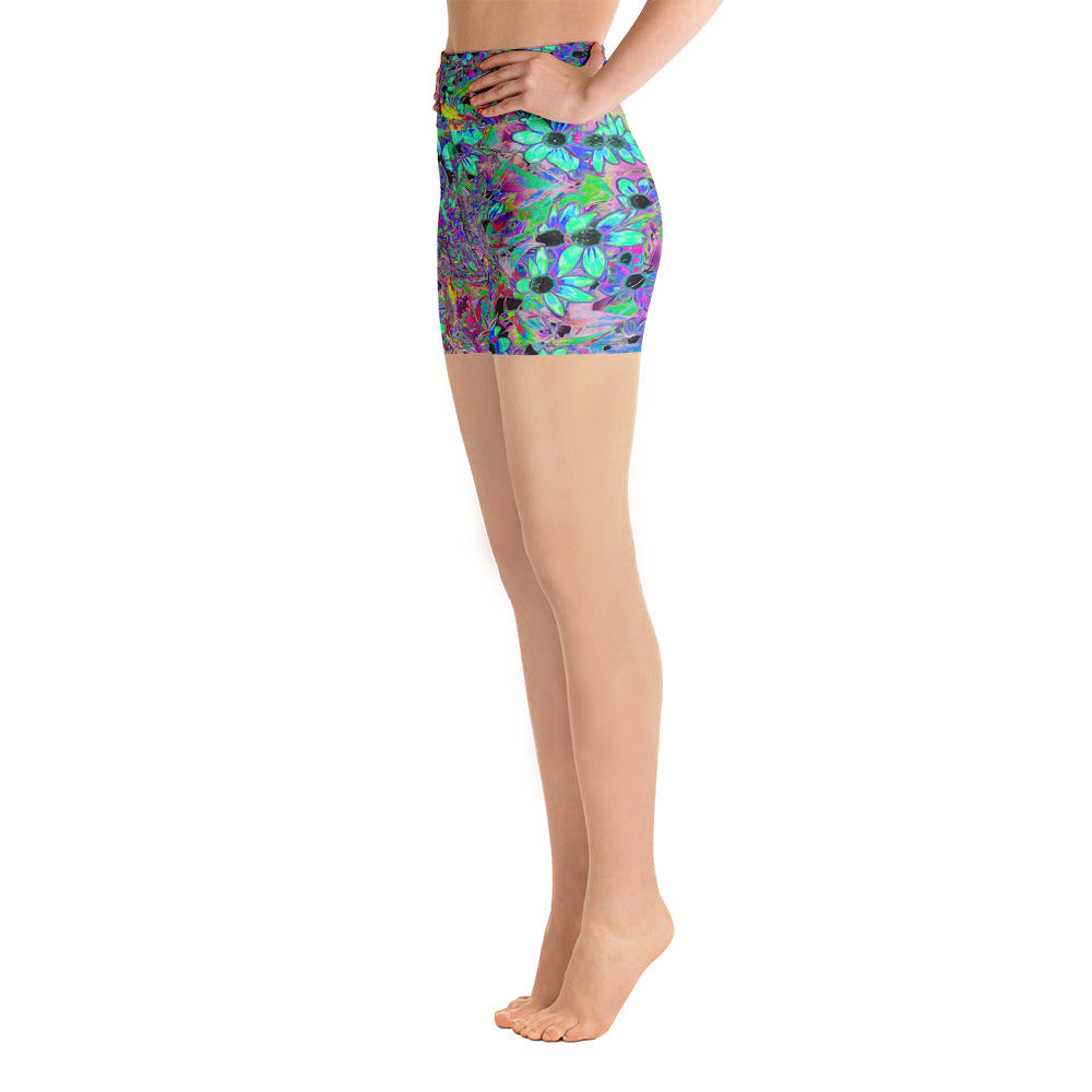 Yoga Shorts, Purple Garden with Psychedelic Aquamarine Flowers