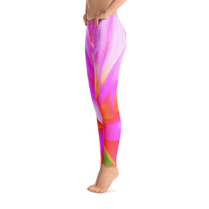 Leggings for Women, Fiery Hot Pink and Yellow Cactus Dahlia Flower