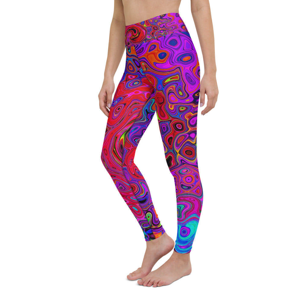 Yoga Leggings, Trippy Red and Purple Abstract Retro Liquid Swirl