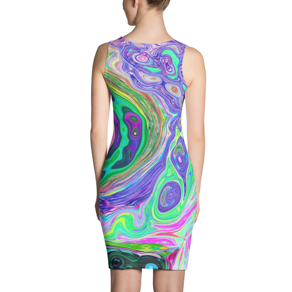 Bodycon Dress, Groovy Abstract Aqua and Navy Lava Swirl