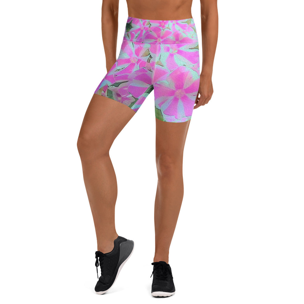 Yoga Shorts, Hot Pink and White Peppermint Twist Garden Phlox