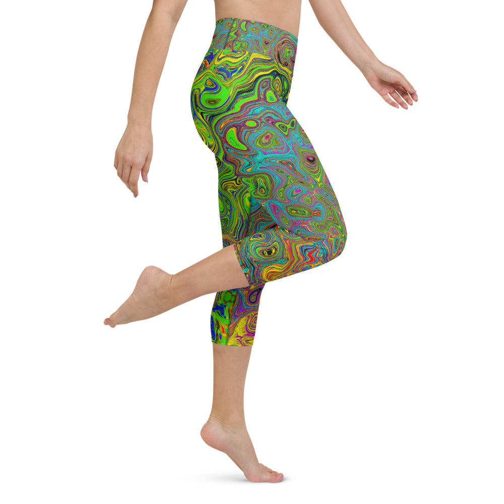 Capri Yoga Leggings, Groovy Abstract Retro Lime Green and Blue Swirl