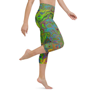 Capri Yoga Leggings, Groovy Abstract Retro Lime Green and Blue Swirl