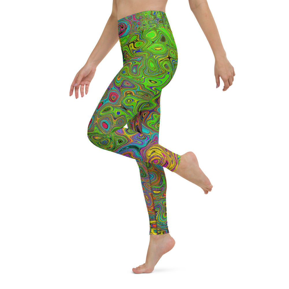 Yoga Leggings for Women, Groovy Abstract Retro Lime Green and Blue Swirl