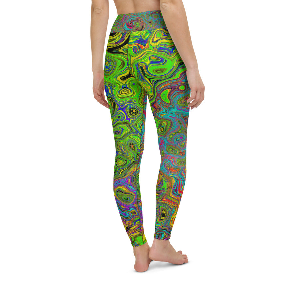 Yoga Leggings for Women, Groovy Abstract Retro Lime Green and Blue Swirl