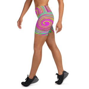Yoga Shorts, Groovy Abstract Pink and Turquoise Swirl with Flowers