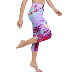 Capri Yoga Leggings, Abstract Tropical Aqua and Purple Hibiscus Flower