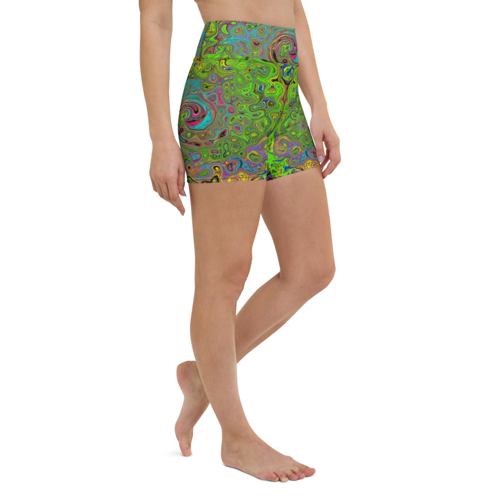 Yoga Shorts, Groovy Abstract Retro Lime Green and Blue Swirl