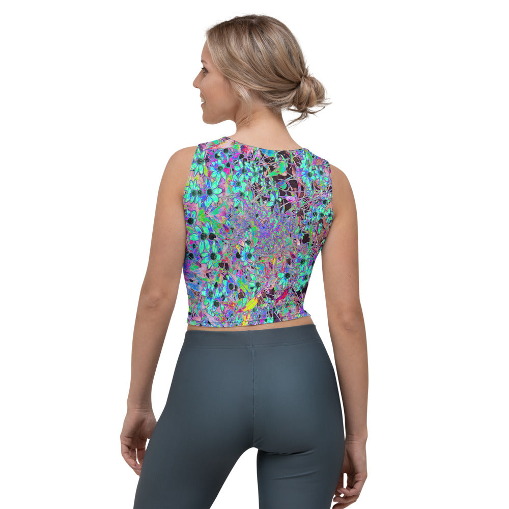Cropped Tank Top, Purple Garden with Psychedelic Aquamarine Flowers