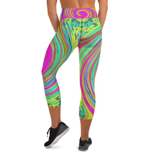 Yoga Capri Leggings, Groovy Abstract Pink and Turquoise Swirl with Flowers