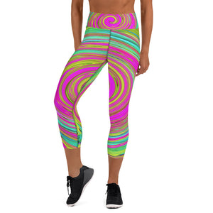 Yoga Capri Leggings, Groovy Abstract Pink and Turquoise Swirl with Flowers