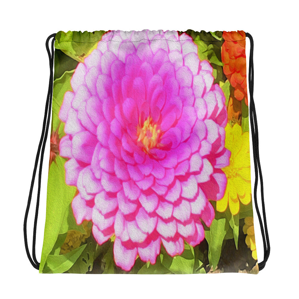 Drawstring bags, Pretty Round Pink Zinnia in the Summer Garden