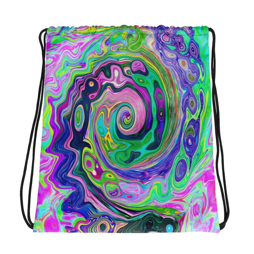 Drawstring Bags, Groovy Abstract Aqua and Navy Lava Swirl