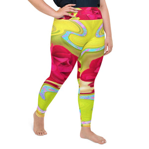 Plus Size Leggings, Painted Red Rose on Yellow and Blue Abstract