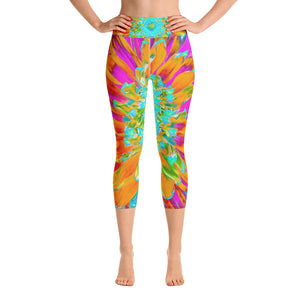 Capri Yoga Leggings, Tropical Orange and Hot Pink Decorative Dahlia