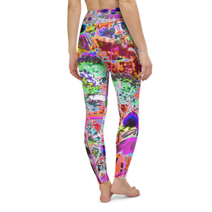 Yoga Leggings for Women, Psychedelic Hot Pink and Lime Green Garden Flowers