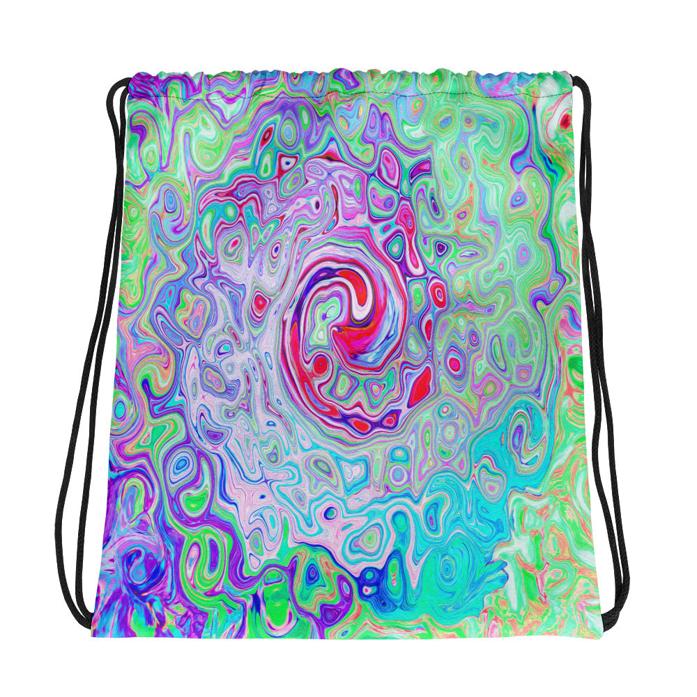 Drawstring bags, Groovy Abstract Retro Pink and Green Swirl
