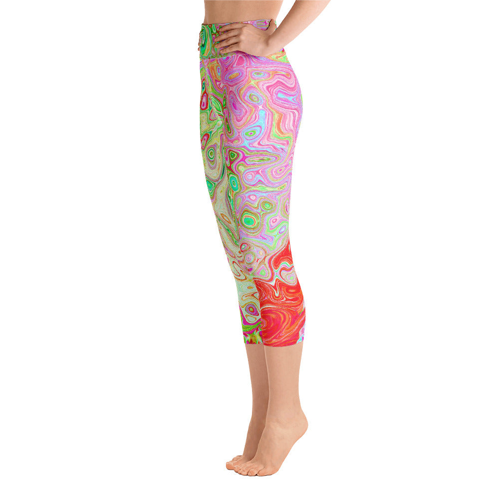 Capri Yoga Leggings, Groovy Abstract Retro Pastel Green Liquid Swirl