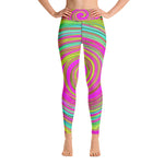 Yoga Leggings, Groovy Abstract Pink and Turquoise Swirl with Flowers