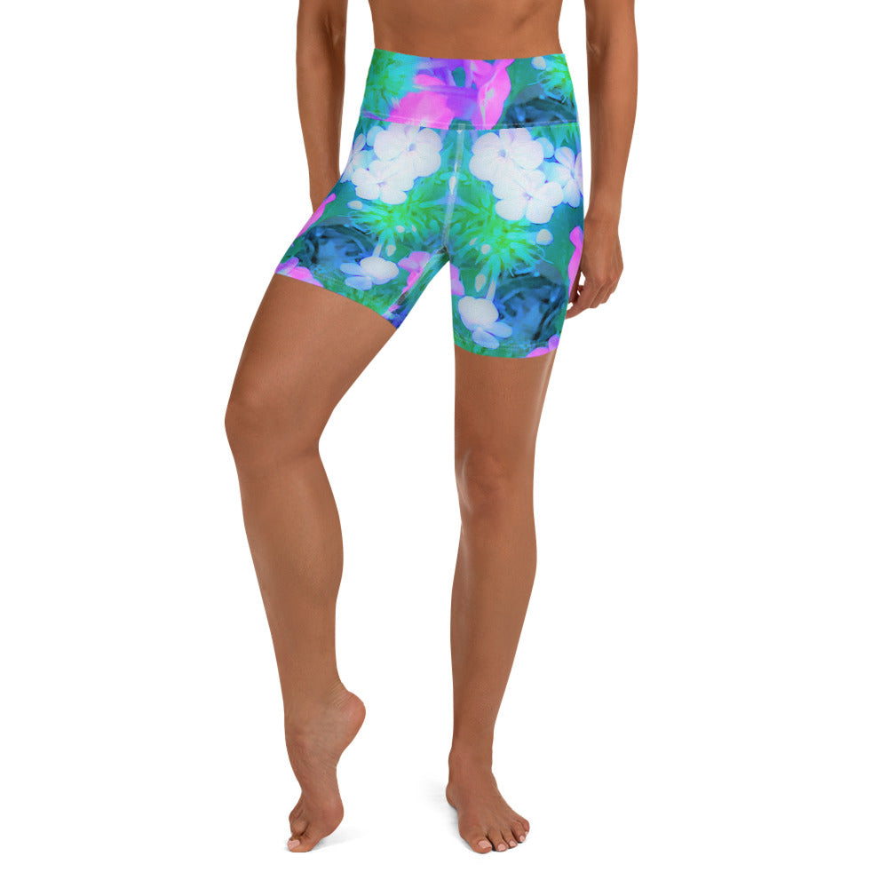 Yoga Shorts, Pink, Green, Blue and White Garden Phlox Flowers
