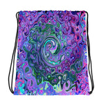 Drawstring bags, Groovy Abstract Retro Green and Purple Swirl