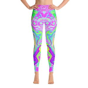Yoga Leggings for Women, Groovy Aqua, Pink and Pastel Green Liquid Art