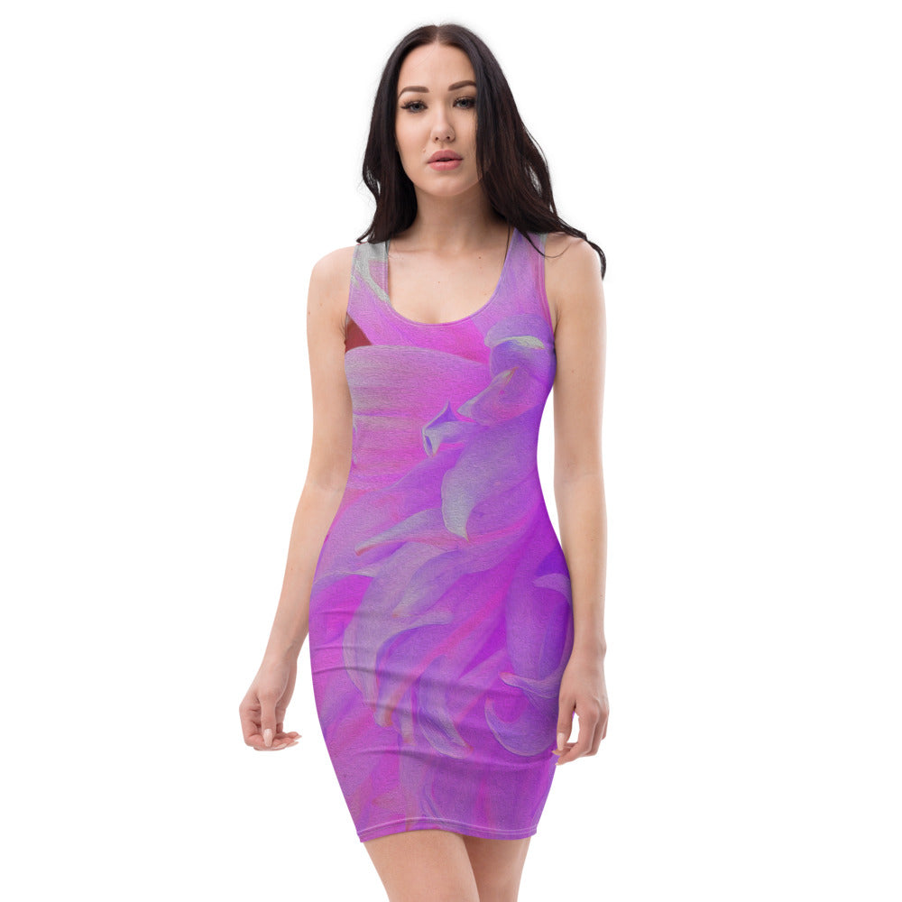 Bodycon Dress, Elegant Ultra-Violet Decorative Dahlia Flower