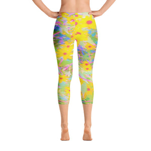 Capri Leggings, Pretty Yellow and Red Flowers with Turquoise