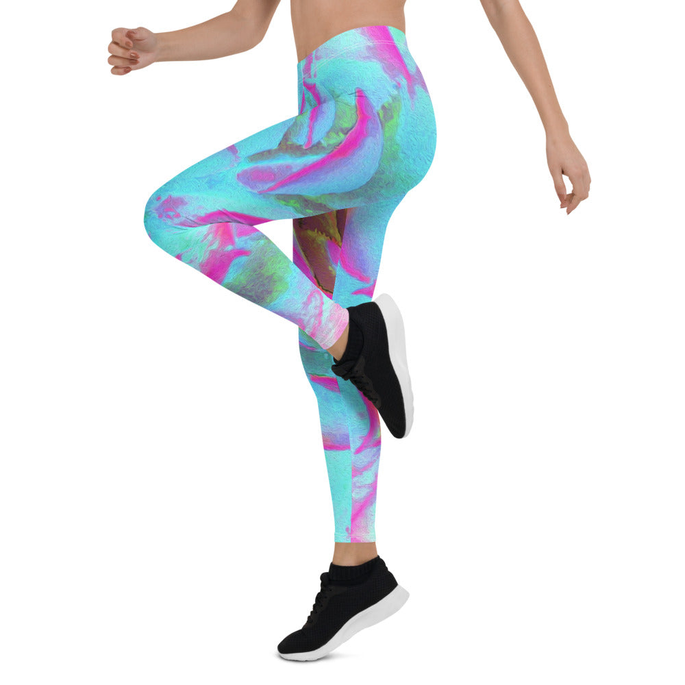 Leggings for Women, Hot Pink and Blue Succulent Sedum Rosette