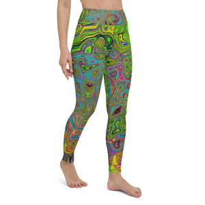 Yoga Leggings for Women, Groovy Abstract Retro Lime Green and Blue Swirl