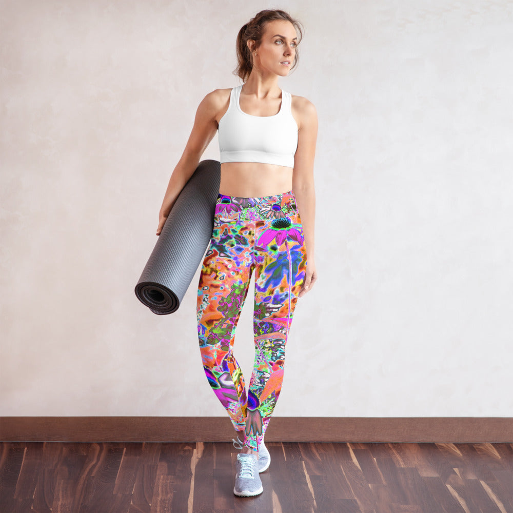 Yoga Leggings for Women, Psychedelic Hot Pink and Lime Green Garden Flowers