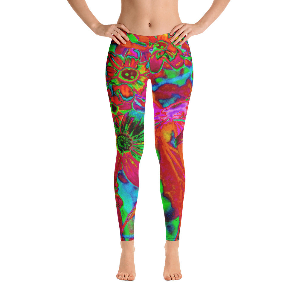 Leggings for Women, Psychedelic Groovy Red and Green Wildflowers