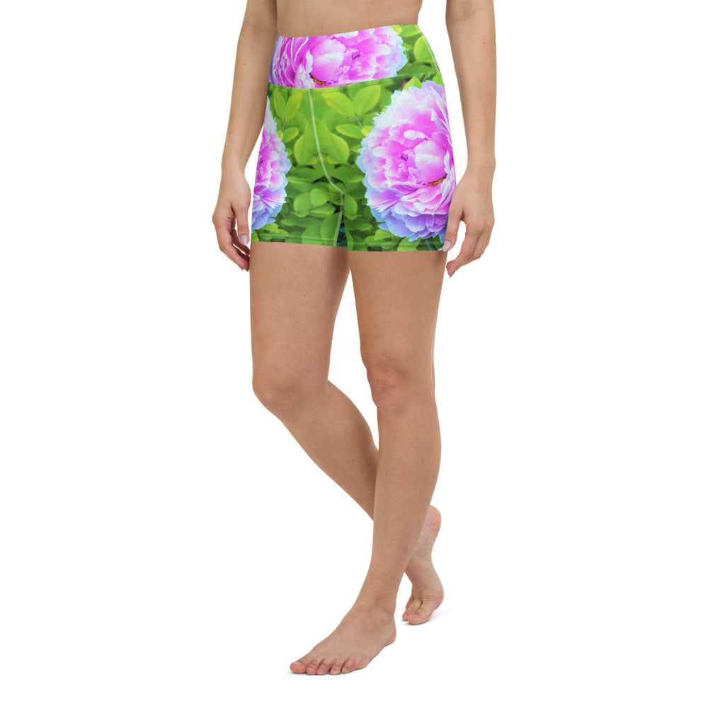 Yoga Shorts, Pink Peony and Golden Privet Hedge Garden