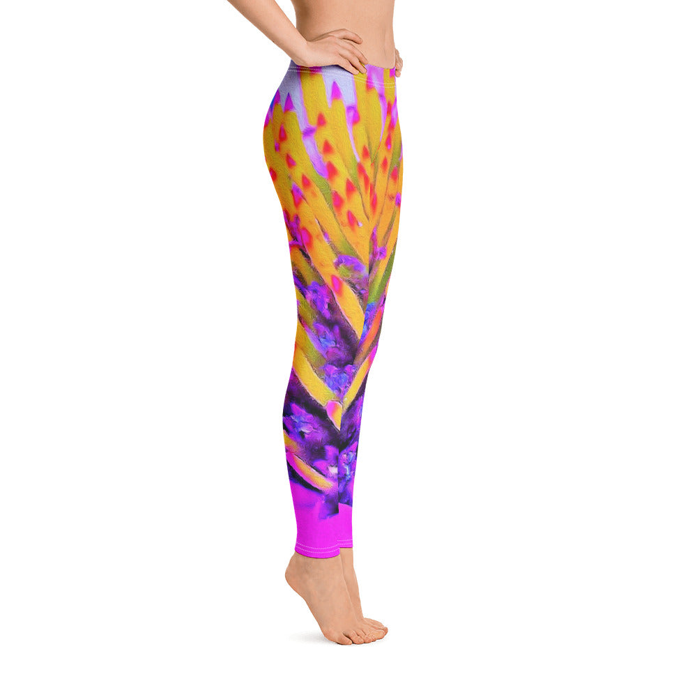 Leggings for Women, Abstract Macro Hot Pink and Yellow Coneflower